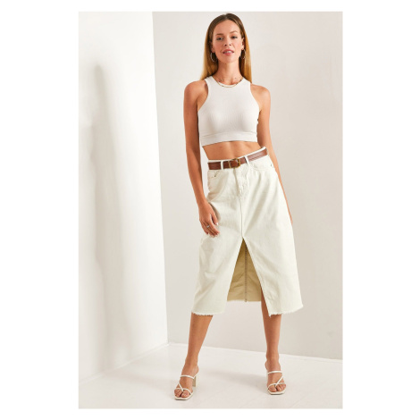 Bianco Lucci Women's Laser Cut Slit Denim Skirt