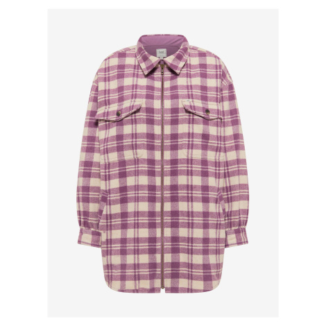 Krémovo-růžová dámská kostkovaná košilová bunda s příměsí vlny Lee