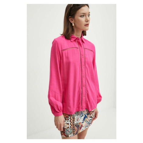Košile s příměsí lnu Medicine dámská, růžová barva, regular, s klasickým límcem