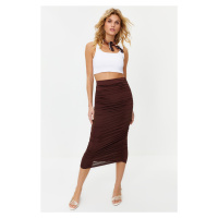 Trendyol Brown Gathered Body Fitted Elastic Waist Lined Maxi Stretch Knitted Skirt