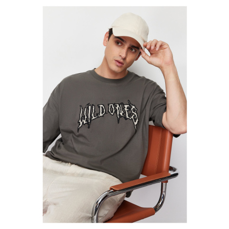 Trendyol Anthracite Oversize Special Embroidery 100% Cotton T-Shirt