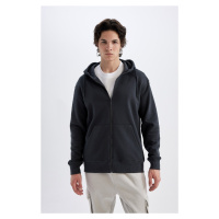 DEFACTO Anthracite Regular Fit Hooded Soft Furry Inside Pocket Basic Plain Zipper Sweatshirt