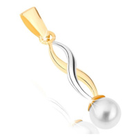 Zlatý přívěsek 375 - lesklé dvoubarevné vlnky, kulatá perla bílé barvy
