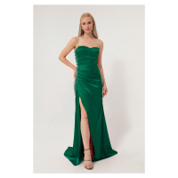 Lafaba Dámské smaragdově zelené bez ramínek dlouhé saténové večerní šaty
