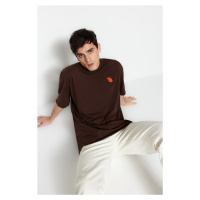 Trendyol Brown Oversize/Wide Cut Animal Embroidery Short Sleeve 100% Cotton T-Shirt