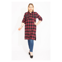 Şans Women's Plus Size Claret Red Checkered Tunic Dress with Front Button and Faux Leather with 