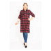 Şans Women's Plus Size Claret Red Checkered Tunic Dress with Front Button and Faux Leather with 