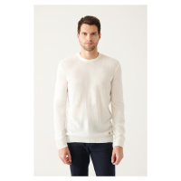 Avva Men's White Crew Neck Herringbone Patterned Regular Fit Knitwear Sweater
