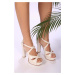 Shoeberry Women's Russel White Skin Platform Heels