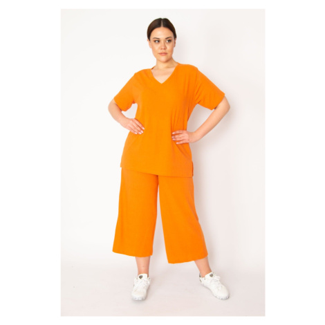 Şans Women's Orange Camisole Knitted Elastic Waist, Wide Legs Pants, V-neck Blouse Suit