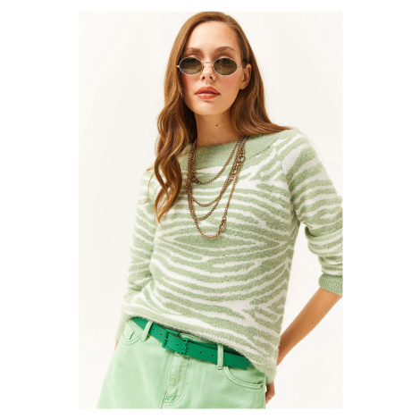 Olalook Women's Aqua Green Boat Neck Zebra Soft Textured Bearded Sweater