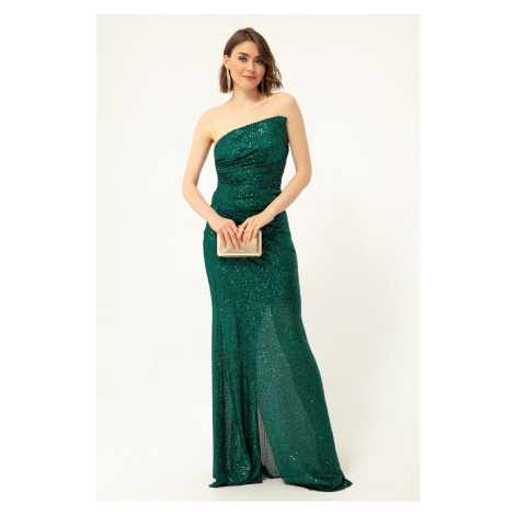 Dámské smaragdově zelené bezramínkové dlouhé večerní šaty s rozparkem a flitry Lafaba