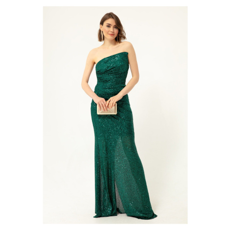 Lafaba Women's Emerald Green Strapless Slit Sequined Long Evening Dress