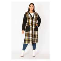 Şans Women's Plus Size Yellow Plaid Patterned Front Button And Pocket Cape