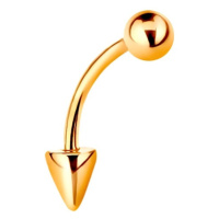 Zlatý 14K piercing - lesklá zahnutá činka s kuličkou a kuželem, 10 mm