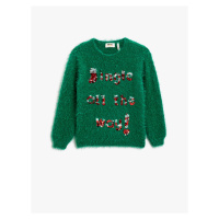 Koton Plush Sweater Sequin Embroidered Crew Neck Long Sleeved