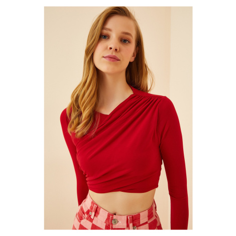 Happiness İstanbul Women's Vivid Red Pleated Crop Knitted Blouse