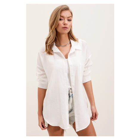 Bigdart 20153 Single Pocket Oversize Linen Shirt - White