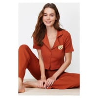 Trendyol Cinnamon Bear Embroidered Ribbed Knitted Pajama Set