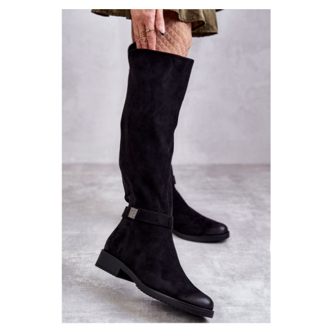 Women's Suede Flat Heel Boots Black Henrike Kesi