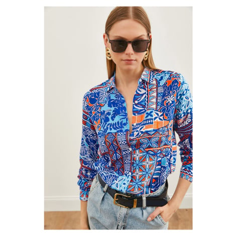 Olalook Women's Patch Saks Blue Patterned Woven Viscose Shirt