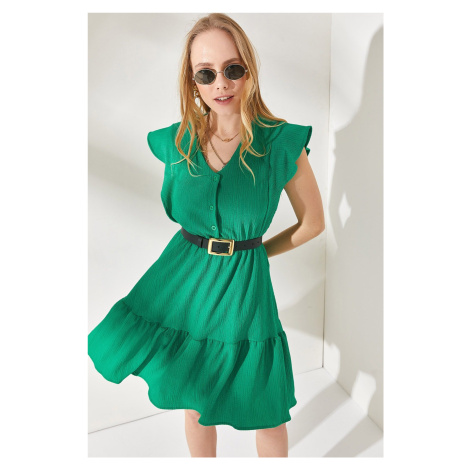 Olalook Women's Grass Green Mini Dress with Frilled Buttons and Elastic Waist