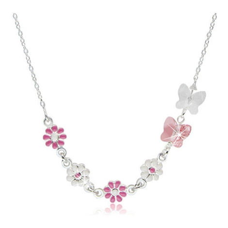Dětský náhrdelník ze stříbra 925 - kvítky s růžovou a bílou glazurou, motýlci ze syntetických kr Šperky eshop
