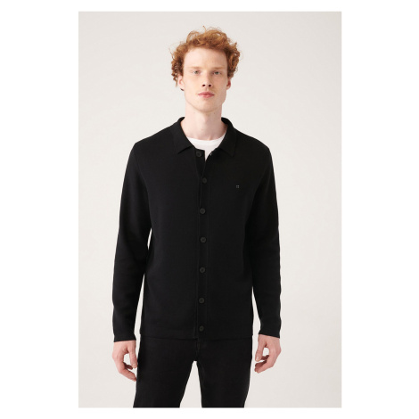 Avva Men's Black Polo Collar Buttoned 100% Cotton Regular Fit Knitwear Cardigan