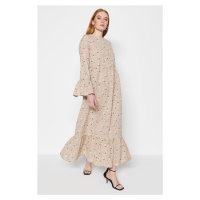 Trendyol Dark Beige Floral Patterned Woven Cotton Dress with Flounce Detail on the Sleeves