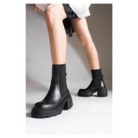 Marjin Women's Genuine Leather Daily Boots Thick Sole with Elastic Side Bands Fleece Black.