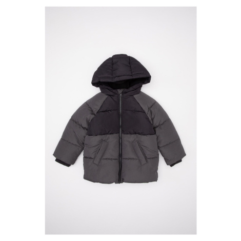 DEFACTO Baby Boy Hooded Water Repellent Block Color Patterned Fleece Lined Puffer Jacket