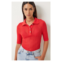 Happiness İstanbul Women's Red Polo Neck Lightly Transparent Knitwear Blouse