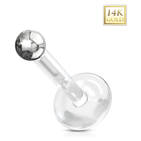 Labret z bílého 14K zlata a průhledného bioflexu - malá lesklá kulička Šperky eshop