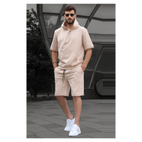 Madmext Beige Hooded Shorts Set 5919