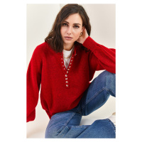 Bianco Lucci Women's Buttoned Neck Turtleneck Knitwear Sweater