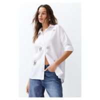 Trendyol Ecru Eye Embroidery Detailed Oversize Wide Fit Woven Shirt