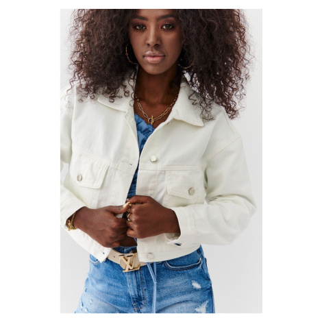 Short, loose-fitting denim jacket in cream color FASARDI