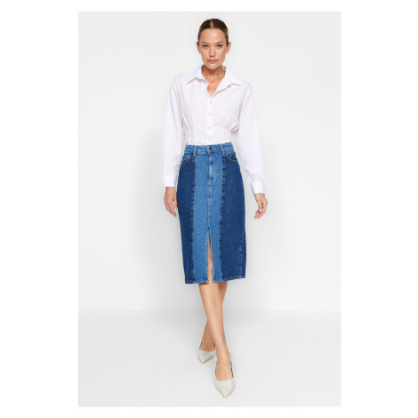 Trendyol Blue Color Block Midi Denim Skirt