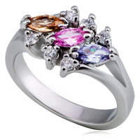 Lesklý kovový prsten - tři barevné zrnkové zirkony, čirý lem