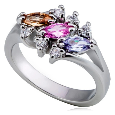 Lesklý kovový prsten - tři barevné zrnkové zirkony, čirý lem Šperky eshop