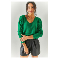 Olalook Women's Grass Green V-Neck Soft Textured Knitwear Sweater