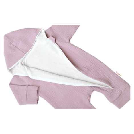 Baby Nellys Mušelinový overálek s kapucí, dvouvrstvý, Hand Made, pudrový/růžový, vel. 68 vel. 68