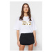 Trendyol White 100% Cotton Shiny Printed Relaxed/Wide, Comfortable Cut Crewneck Knitted T-Shirt