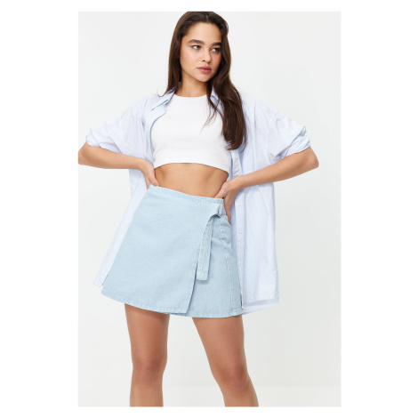 Trendyol Light Blue Buckle Detailed Wrap High Waist Mini Denim Skirt