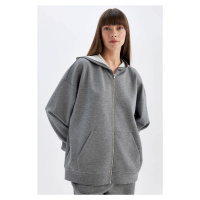 DEFACTO Grey Oversize Wide Pattern Hooded Basic Plain Scuba Diving Fabric Pocket Zippered Sweats