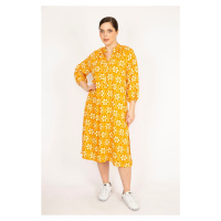 Şans Women's Yellow Plus Size Front Pat Buttoned Woven Viscose Fabric Dress