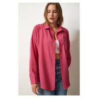 Happiness İstanbul Women's Pink Oversize Linen Ayrobin Shirt