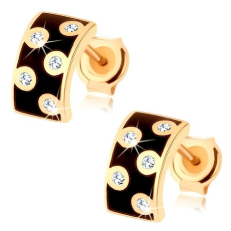 Náušnice ve žlutém 14K zlatě - širší půlkruh s glazurou černé barvy, čiré zirkony Šperky eshop