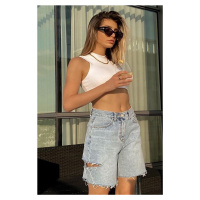 Madmext Blue High Waist Ripped At The Side Denim Shorts