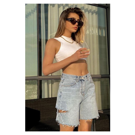 Madmext Blue High Waist Ripped At The Side Denim Shorts